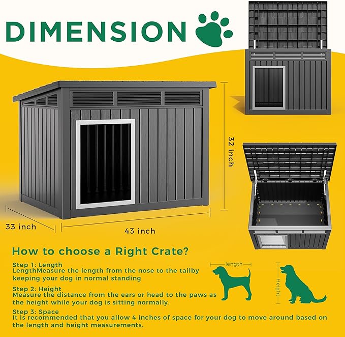 ROJIK Large Dog House Outdoor Indoor Weatherproof with Removable Roof Raised Base Plate,Pet House Weatherproof for Small to X-Large Dogs,Easy to Clean and Lightweight(42.87 * 32.95 * 31.61inch,Black)