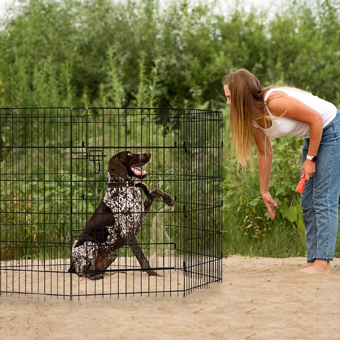 Peekaboo Dog Pen Pet Playpen Dog Fence Indoor Foldable Metal Wire Exercise Puppy Play Yard Pet Enclosure Indoor Outdoor 8 Panels 36 Inch with Bottom Pad/Top Cover(Black 36 Bottom Cover)