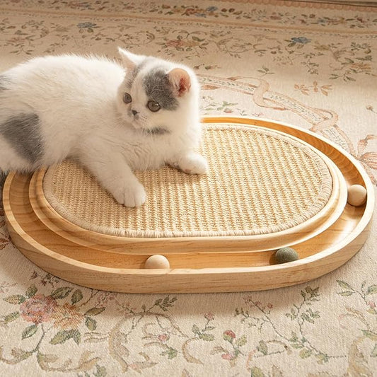 Sisal Cat Scratcher Toy with Ball Track Wooden Interactive Cat Toy for Indoor Cats Scratch Pad, Physical Exercise for Kitty and Medium Cat