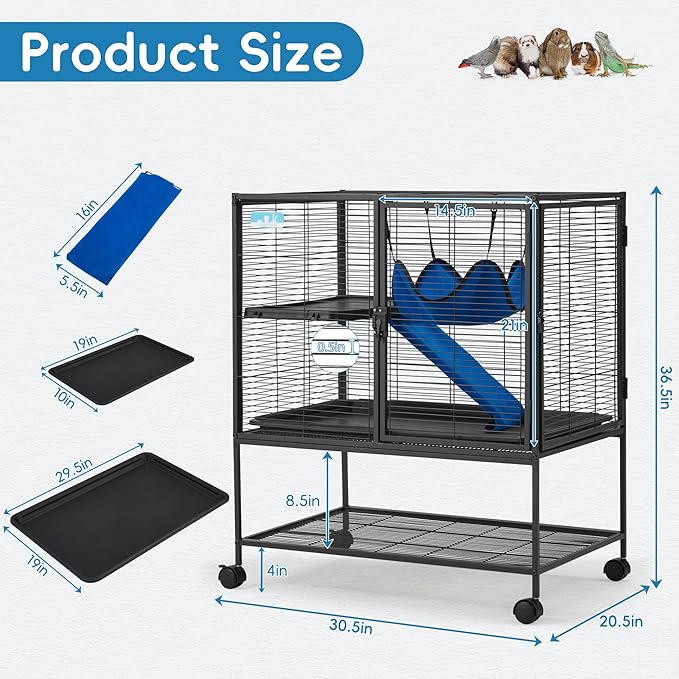 HABUTWAY 36.5''H Large Metal Rolling Ferrets Cage, 2-Tiers Small Animal Cages, Cage for Rats/Chinchillas, 0.5'' Bar Spacing for Ferret,Small Animal Cage w/Removable Ramp & Platform
