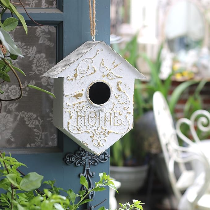 Vintage Metal Birdhouses for Outdoor, Retro Blue Bird House for Garden, Wild Bird Nesting, Decorative Bird Houses for Hummingbird Bluebird Wren Chickadee Sparrow Bird Nest Box