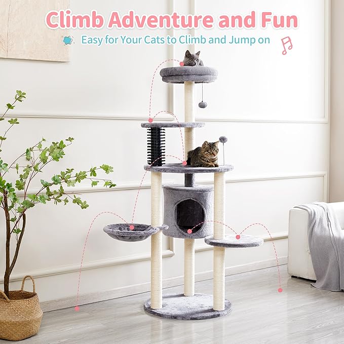 MADE 4 PETS Cat Tree for Indoor Cats, 60.2 inch Tall, 5-Level, Modern, Grey, Sisal Scratch Posts, Cat Condo with Hammock, Cat Tower for Large Breeds