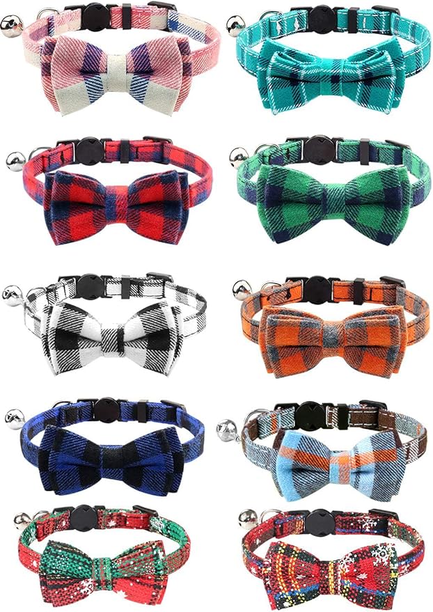 Joytale Upgraded Christmas Cat Collar with Bells, Breakaway Cat Collars with Bow Tie, 1 Pack Girl Boy Safety Plaid Kitten Collars, Christmas Red