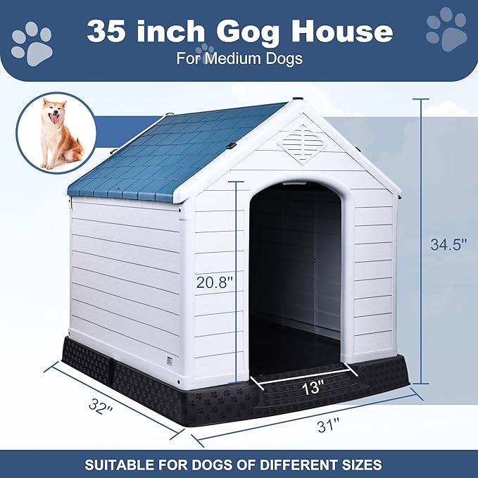 Plastic Dog House, Insulated Doghouse Puppy Shelter, Water Resistant Easy Assembly Sturdy Dog Kennel with Elevated Floor and Air Vents, Ventilate for Small to Large Sized Dogs (29-Inch, Blue)