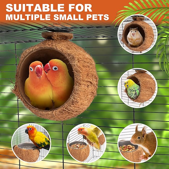 Premium Coconut Bird Food and Water Bowl Set - Removable Stainless Steel Cage Bowls with Clamp - Food & Water Feeder Coop - Cup for Cockatiel Parakeet Macaw Finches Lovebirds Small Animals (2 Pack)