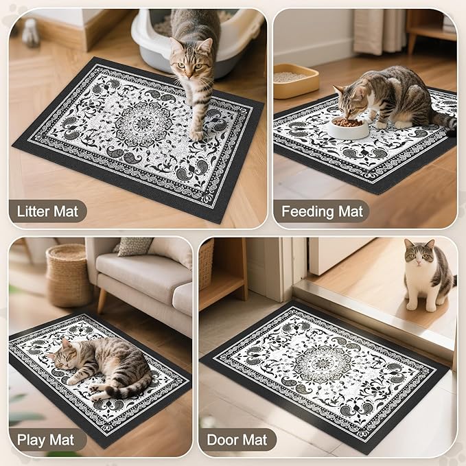 Unicorn Catcher Cat Litter Mat 40" x 30" Non-Slip Litter Box Mat Washable Litter Catcher Mat for Litter Box Indoor Food Mat Supplies Essentials, Black Mandala