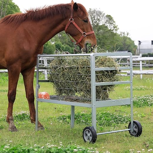 Solution4Patio Hay Feeder with Wheels, 2-in-1 Galvanized Steel Heavy-Duty Goat Feeder Cart, Large Capacity Rust-Proof Livestock Feeder for Sheep, Horses, Ponies, Easy to Clean