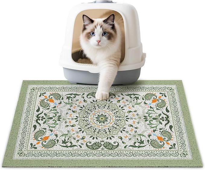 Unicorn Catcher Cat Litter Mat 24" x 15" Non-Slip Litter Box Mat Washable Litter Catcher Mat for Litter Box Indoor Food Mat Supplies Essentials, Green Mandala