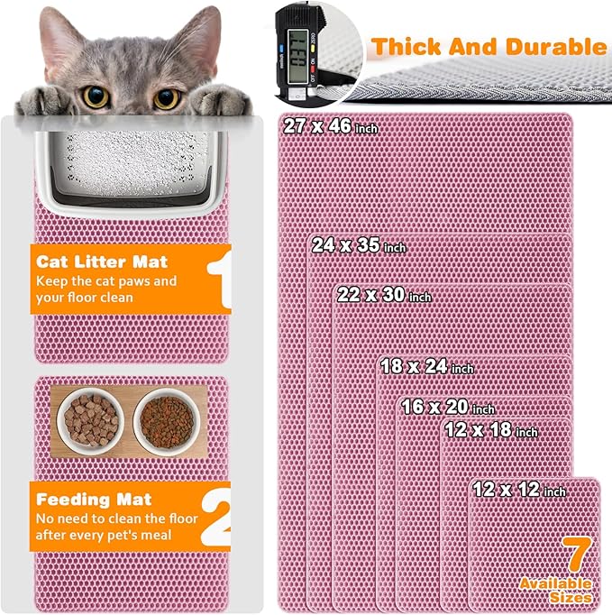 Waterproof Cat Litter Mat, Double Layer EVA, Odor-Free Large Grid, Urine Proof, Easy Cleanup (Pink, 12 x 18)