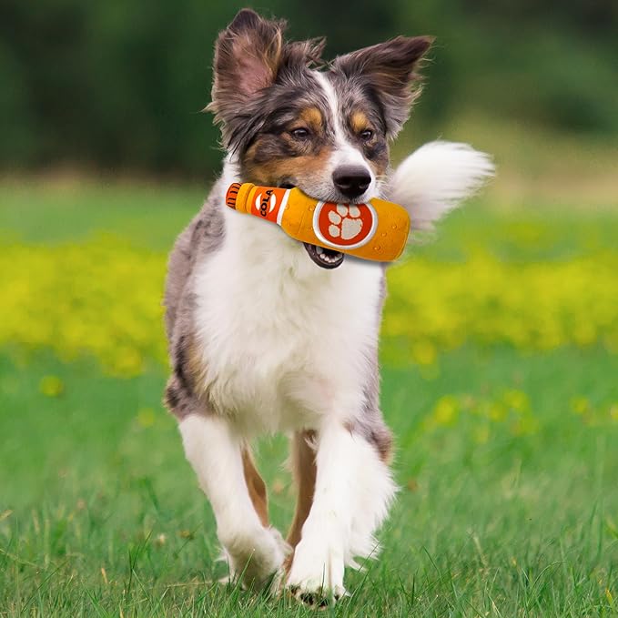 NCAA Clemson Tigers Beer Bottle Plush Dog & CAT Squeak Toy- Cutest Stadium SODA Bottle Snack Plush Toy for Dogs & Cats with Inner Squeaker & Beautiful Football/Basketball Team Name/Logo