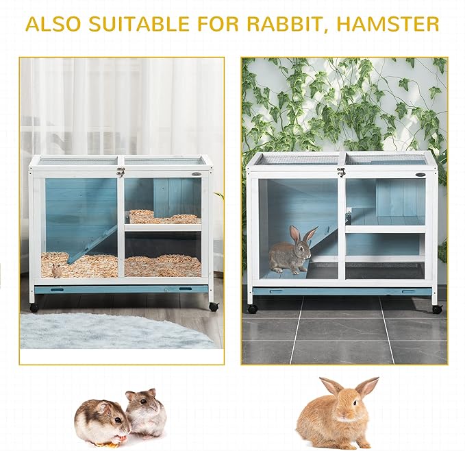 PawHut Rabbit Hutch with Wheels, Desk and Side Table Sized, Wooden Rabbit Cage, Waterproof Small Bunny Cage with Removable Tray, Openable Roof, for Indoor & Outdoor, Light Blue