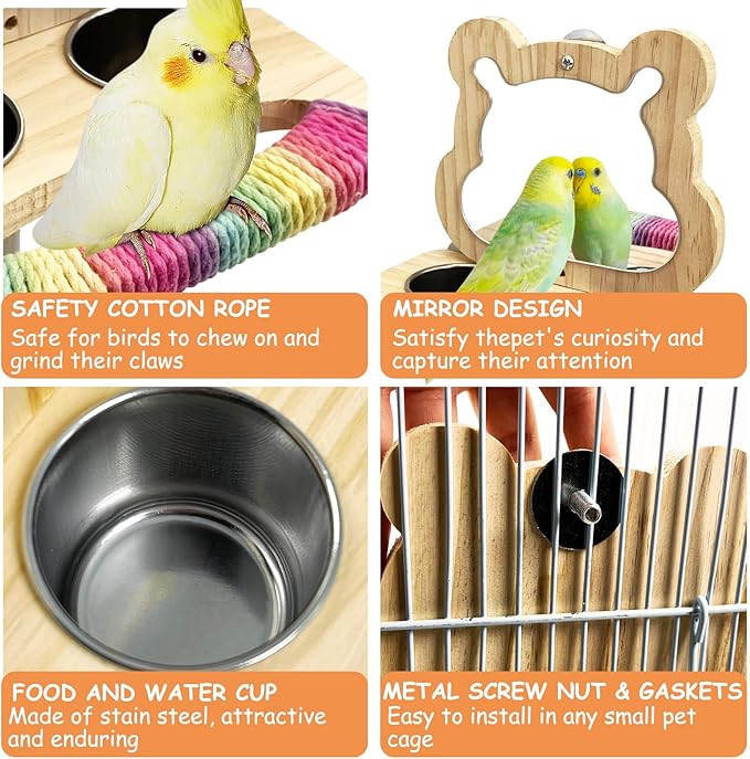 Tfwadmx Bird Parrot Wooden Feeding Cups Small Bird Feeding Dish Cups Stainless Steel Birds Bowls Food Water Bowls with Food Holder for Finches Cockatiel Lovebirds