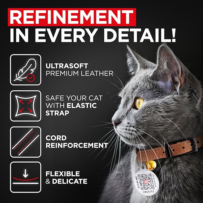 Leather Cat Collar with Bell and Safety Elastic Strap Breakaway Alternative for Small & Large Kittens, Stylish Pet Leather Collar for Boy, Girl Cats with Metal Buckle & QR ID Tag (Brown)