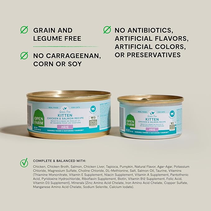 Open Farm Canned Kitten Food, Paté for Complete & Balanced Nutrition, Grain-Free and Legume-Free Wet Kitten Food, Chicken & Salmon Recipe, 5.3oz Cans (Case of 12)