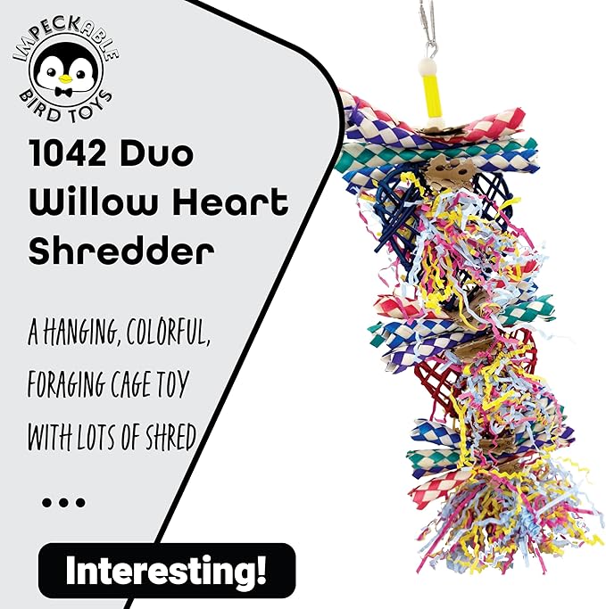 1042 Duo Willow Heart Shredder Bird Toy – Willow, Crinkle Paper & Finger Traps for Shredding & Foraging – Handcrafted by Us – Great for Conures, Greys & Medium to Large Size Birds