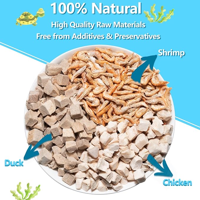 Turtle Food - 5.7 OZ Natural Freeze-Dried Meat - Chicken, Duck, and Shrimp - Healthy Treats for Turtles, Aquatic Turtle, Baby Turtles