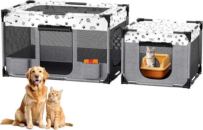 Portable Cat Playpen, Pet Dog Playpen, Kitten Puppy Play Pen for Indoor/Outdoor, Collapsible Cats Cages Enclosed Tent with Carrying Case, PVC Pipe Frame, 600D Oxford, 39" x 24" x 22"