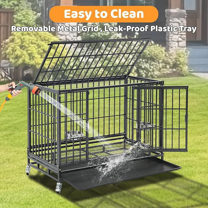 Homey Pet Two Levels 37 Inch Dog Crate, Escape Proof Dog Cage Kennel Indoor with Top Access and Lockable Wheels, Removable Tray, Heavy Duty Dog Crates for Medium/Small Dogs