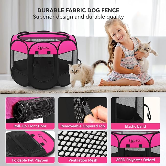 Dog Playpen, Puppy Pet Playpens Indoor for Small Dogs Tent Crates Cage Indoor/Outdoor, Portable Pop Up Dog Kennel Playpen with Carrying Case for Dogs/Cats/Rabbits, Removable Zipper Top, Hot Pink