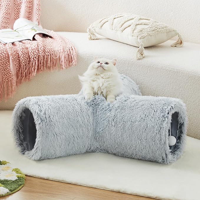 Tempcore Plush Pet Cat Tunnel Tube Cat Toys 3 Way Collapsible, Tunnels for Indoor Cats,Kitty Tunnel Bored Pet Toys Peek Hole Toy Ball Puppy, Kitty, Kitten, Rabbit Light Grey
