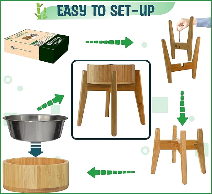 Elevated Dog Bowls Large Breed - (15-Inch, 74-oz Cap) - Raised Single Dog Food Station, Suitable for Dry/Wet Pet Foods, Deter Ants/Bugs - Bamboo with Stainless Dish and Tall Stand