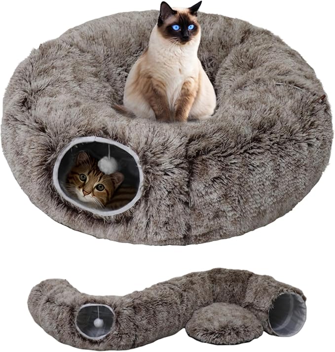 Cat Tunnel Bed for Indoor Cats with Washable Cushion Cat Cave Donut Tunnel with Fluffy Ball Big Round Tube Pet Playground Toys Soft Plush Peekaboo for Kitten, Cat, Puppy, Rabbit, Ferret(Brown)