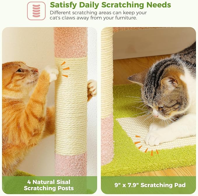 PAWZ Road Pink Flower Cat Tree Tower 62 Inches Cat Tree with 2 Condos,2 Flower Perches,4 Scratching Posts & 1 Scratching Board, and 2 Hanging Balls for Indoor Cats