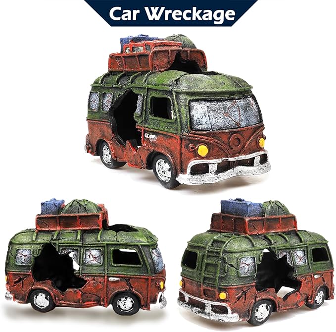 Car Wreckage Aquarium Ornament Car Wreckage for Fish Tank Underwater Landscape Decoration Hiding Cave Hideouts House Plants Supplies Accessories – Small(Green)