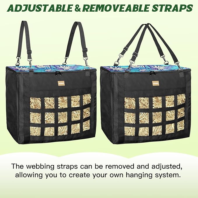 New Version Hay Bags for Horses,Slow Hay Feeder Bags for Goats,Sheep,Super Tough Oxford with Front Hay Nets Design, Double Reinforced Webbing Upgraded Metal Clips for Durable (Leaf)