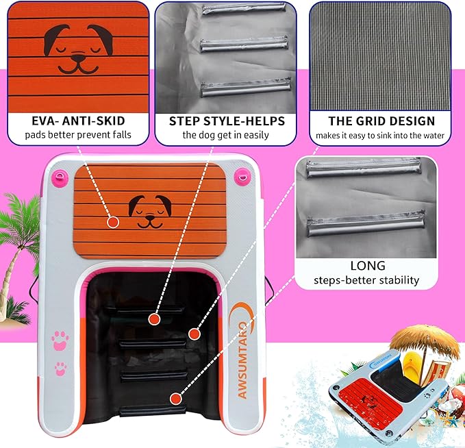 Inflatable Dock, Load-Bearing 200 pounds, Dog pet ramp, Suitable for Swimming Pools, Boat Docks, Lakes, Beach use Water Sports Platform.