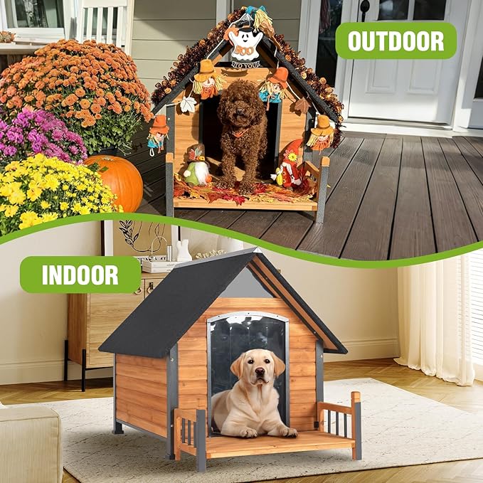 GUTINNEEN Dog House Outdoor Weatherproof Dog Kennel with All-Around Iron Frame, Anti-Bite Puppy Home with Porch, Dog Shelter for Large Breed (Brown, 50.9'' Large)