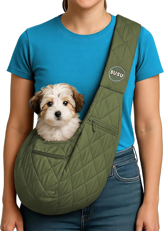 Small Dog Carrier Sling – Olive Green Hands‑Free 2‑in‑1 Sling & Handheld Carrier for Dogs up to 10 lbs, Parachute‑Grade Rip‑Stop Nylon, 4″ Padded Strap, Safety Tether & Pockets