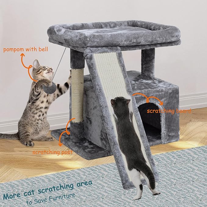 Small Cat Tree for Indoor Cats,Cat Tower with Scratching Post and Board,Cat House with Perch for Kitten, Stable Condo and Stand (Light Grey)