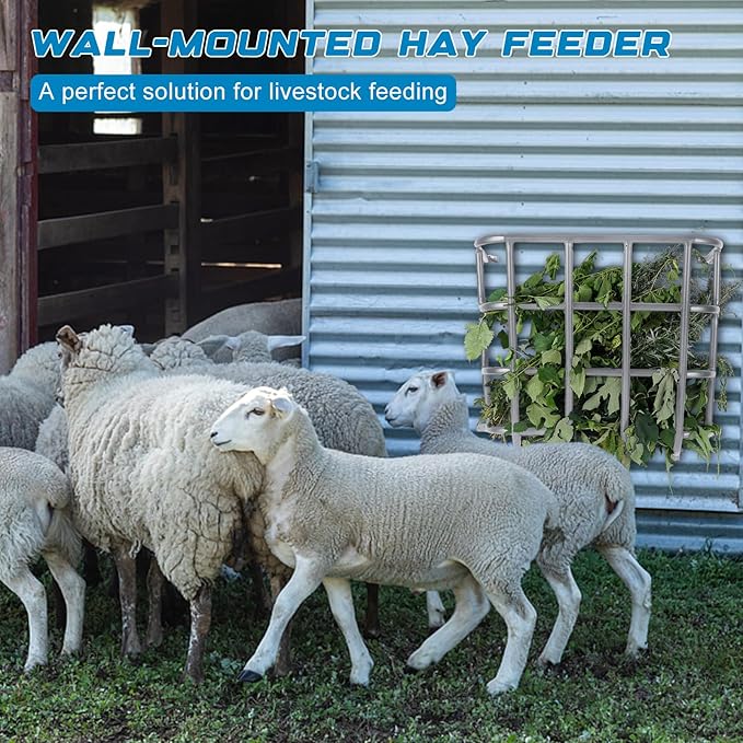 Hay Feeder Goat, 24.4 x 20.8 x 12.6 Multiple Sided Goat Hay Rack, Heavy Duty Galvanized Metal Wall Hay Rack for Sheep Horses, etc(Silver)