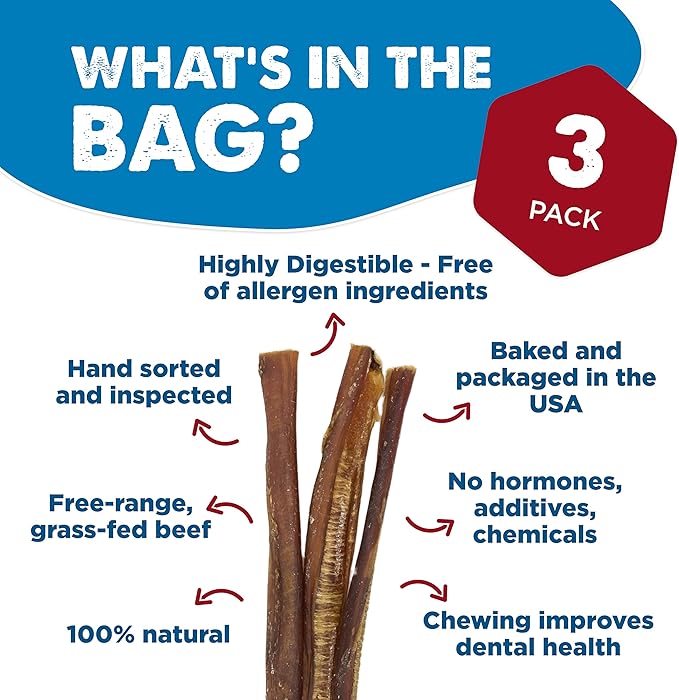 Best Bully Sticks 12 Inch Bully Sticks for Dogs - 3 Count (Pack of 1) - Natural, Easily Digestible, 100% Grass-Fed Beef, Grain and Rawhide Free - Trial Size
