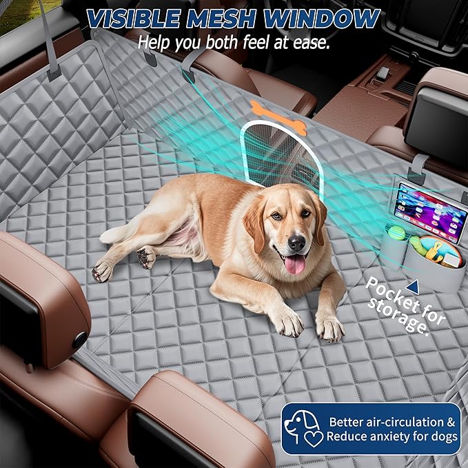 XL Dog Car Seat Cover for Back Seat,Hard Bottom Backseat Extender,45% Larger Space Dog Bed, 100% Waterproof Pet Seat Protector with Mesh Window, 3 Loading Boards, Car Hammock for Small Truck SUV