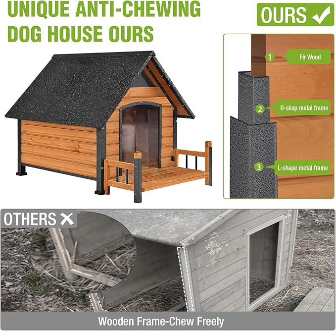 GUTINNEEN Dog House Outdoor with Anti-Bite Metal Frame, Dog Kennel with Porch and Weatherproof Roof for Small, Medium, Large Breeds, Puppy Home Indoor (Brown, 45’’ Medium)