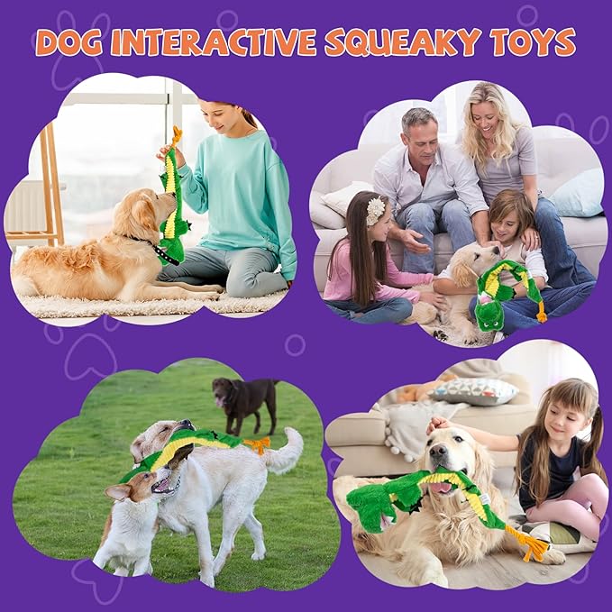 Crinkle Dog Toys Squeaky Plush No Stuffing Cute Puppy Stuffless Tough Rop Pull Toy, Fun Dog Stuffed Animals Durable Chew Set for Small Medium Large Pup (Large, Alligators)