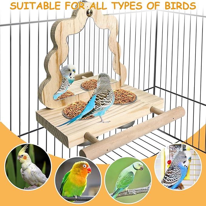 Tfwadmx Bird Parrot Wooden Feeding Cups Small Bird Feeding Dish Cups Stainless Steel Birds Bowls Food Water Bowls with Bird Food Holder for Cockatiel Parakeet Macaw Finches Lovebirds