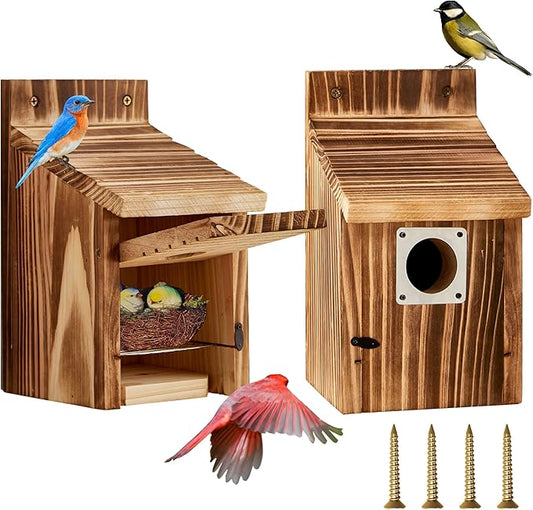 2 Pack Bird Houses for Outside with Metal Predator Guard for Bluebird Wren Swallow Finch-Carbonized Wooden Nesting Boxes for Outdoor Sturdy Bird House,Easy to Clean,No Assembly Needed
