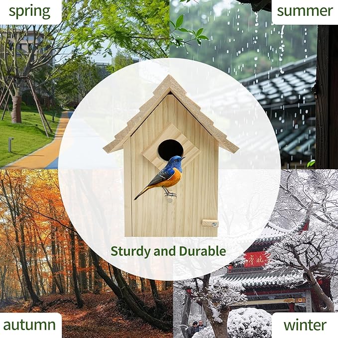 Wood Bird Houses for Outside, No Assembly Required, Bluebird Houses for Outside, Hummingbird Houses for Outside, Easy to Clean, Wooden Bird Houses with Perches for Bluebirds, Hummingbirds, Wrens