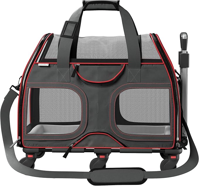 Katziela Luxury Rider Pet Carrier – Airline Compliant & TSA Approved Soft-Sided Travel Bag with Removable Base & 6 Wheels for Small Dogs & Cats – Black/Red