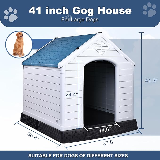 Plastic Dog House, Insulated Doghouse Puppy Shelter, Water Resistant Easy Assembly Sturdy Dog Kennel with Elevated Floor and Air Vents, Ventilate for Small to Large Sized Dogs (41-Inch)
