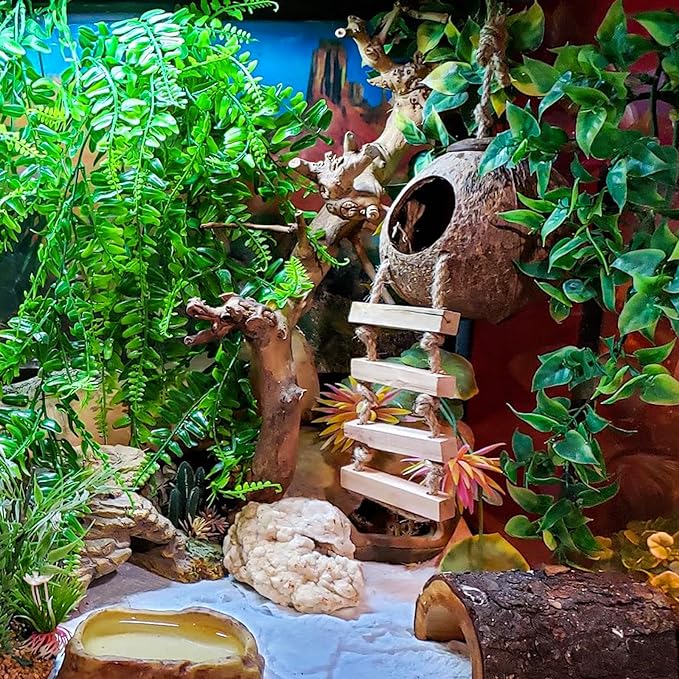 HERCOCCI Crested Gecko Tank Accessories, Reptile Hanging Plants Vines with Coconut Shell Ladder Hideout Hermit Crab Decor for Lizard, Chameleon Cage, Snakes, Hermit Crab, Leopard Gecko