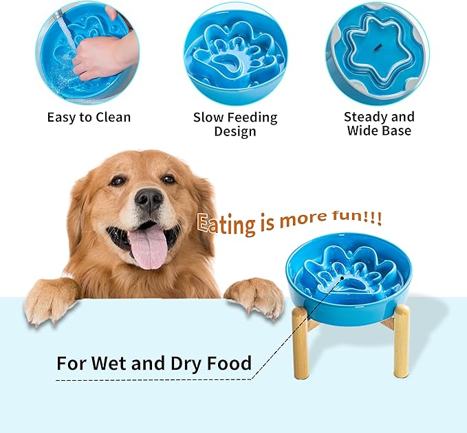 Ceramic Slow Feeder Dog Bowls, Raised, 3 Cups Elevated Slow Feeder with Wooden Stand for Medium Large Breed, Puzzle Dog Food Bowl (Blue)