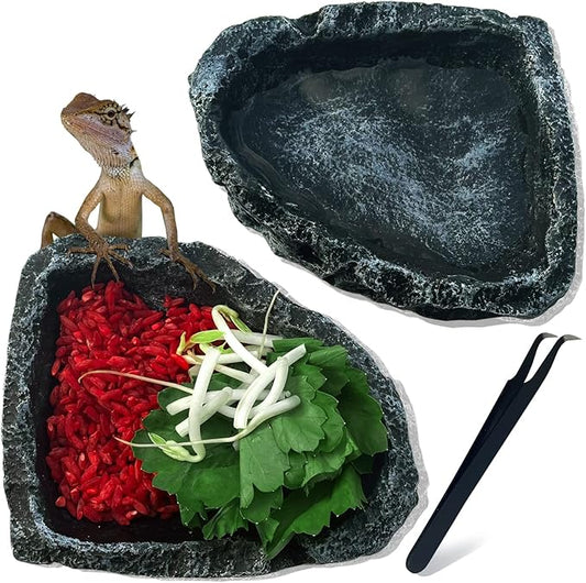 2 Pack Reptile Water Dish - Reptile Water and Food Bowls with Tongs Imitating Natural Rock,Breadworm Feeding for Leopard Gecko Lizard Spider Scorpion Chameleon (2Pcs Square Type)