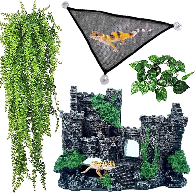 kathson Bearded Dragon Tank Castle Decorations,Reptile Hammock Reptiles Habitat Resin Hideouts Cave Decor Terrarium Accessories for Lizard Snake Chameleon Gecko Hermit Crabs (4 Pcs)