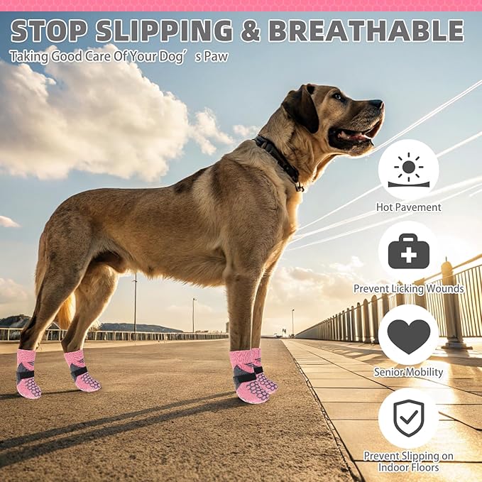 KOOLTAIL Dog Socks for Hot Pavement, Summer Breathable Dog Socks to Prevent Licking Paws, Non Slip Pet Boots & Paw Protectors for Hardwood Floor,Grippy Shoes for Small Medium Large Senior Dogs,Pink XL