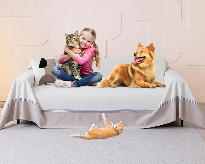 Cat Scratch Furniture Protector - Anti-Slip, Waterproof Sofa Cover to Keep Cats Off, Pet-Friendly Couch Protectors for 3 Cushion Couch, Anti-Scratch Couch Cover for Pets and Kids 150"X91" Beige