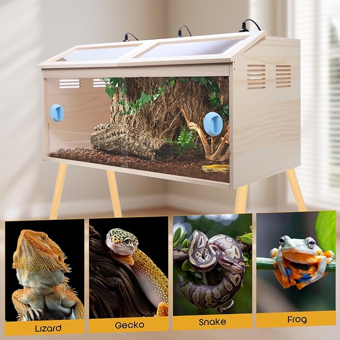 Reptile Terrarium with Stand & Ventilation - 33 Gallon Bearded Dragon Tank, Wood & Acrylic Enclosure, Reptile Tank Includes Waterproof Liner & Screwdriver (32.7" L x 14.5" W x 16.3" H)